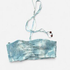 Light Blue Tie-Dye Bandeau Bikini Top Beaded Accents Strapless Swimwear